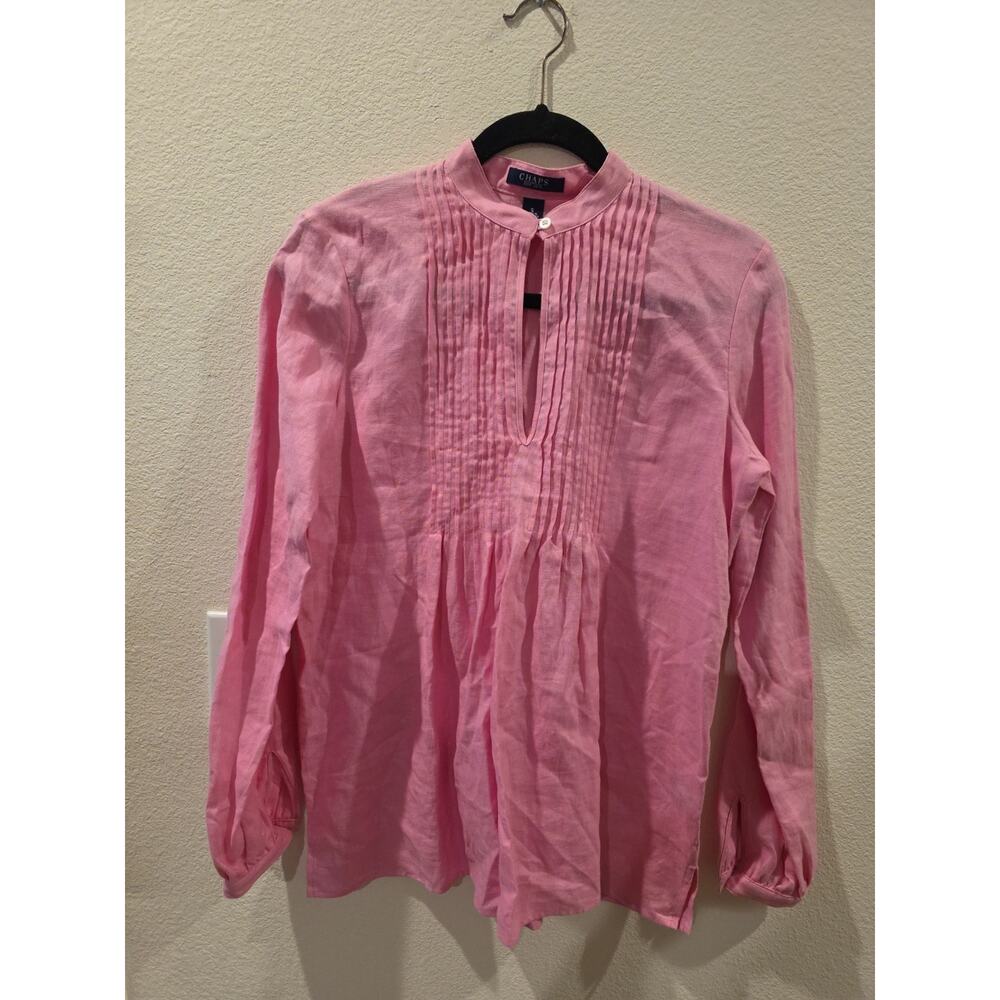 CHAPS Pink 100%Linen Euro Summer Boho Peasant Shirt Side Slits Sz S Quiet Luxury
